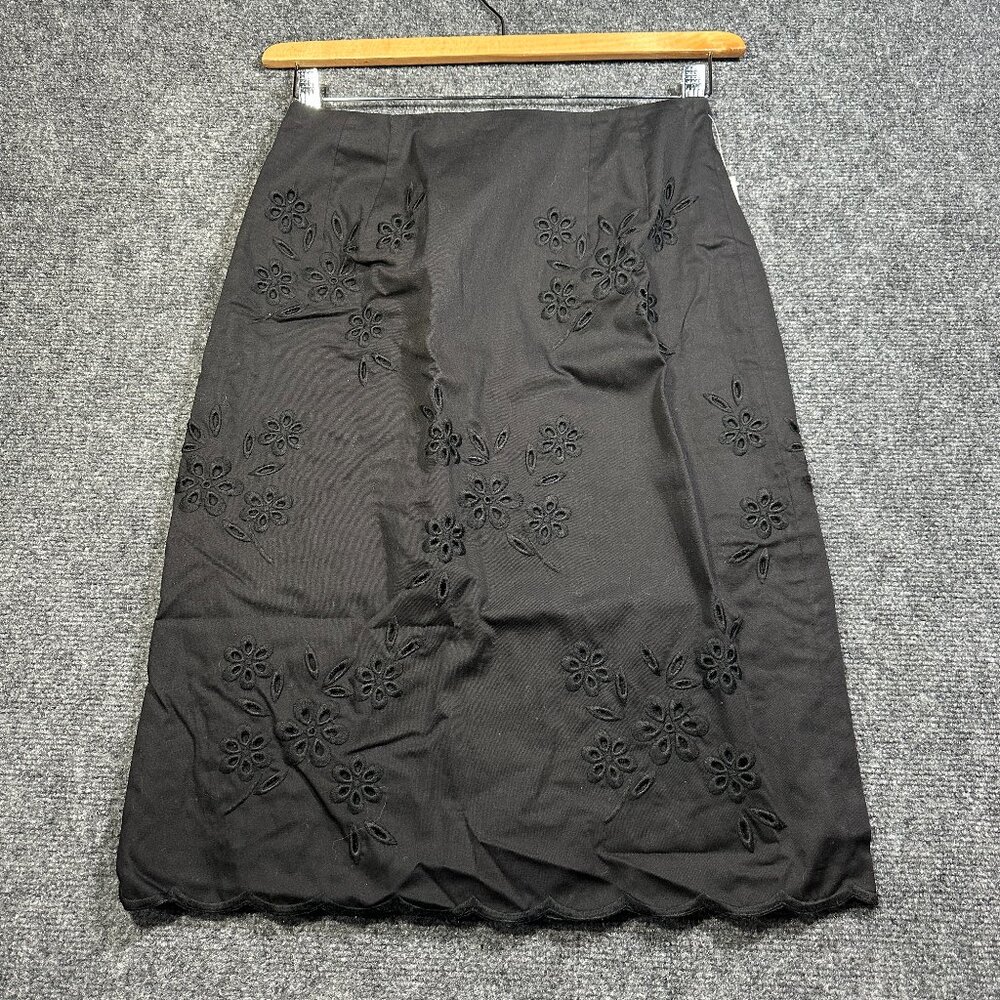 Talbots Skirt Womens 4 Black Cotton Pencil Lined Back Zip Vent Scallop Hem NEW